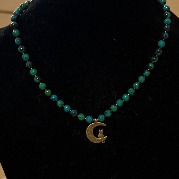 Teal Chrysocolla Short Necklace, Genuine Gemstone & Bronze Cat on the Moon Charm - Picture 3 of 13